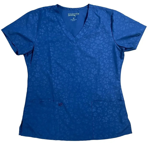 Scrubfinity Performx Navy V-Neck Paw Print Stretch Scrub Top Women's Size Medium - Picture 1 of 4